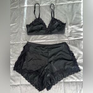Fashion Nova Black Satin & Lace Trim Bralette & Sleep Shorts PJ Set Small